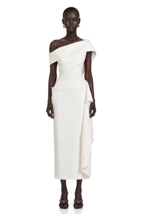Kare White Asymmetrical Gathered Midi Dress