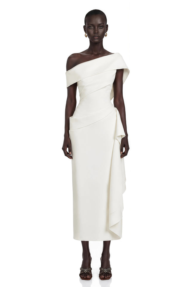 Kare White Asymmetrical Gathered Midi Dress