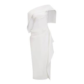 Kare White Asymmetrical Gathered Midi Dress