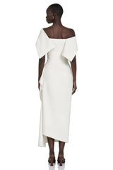 Kare White Asymmetrical Gathered Midi Dress