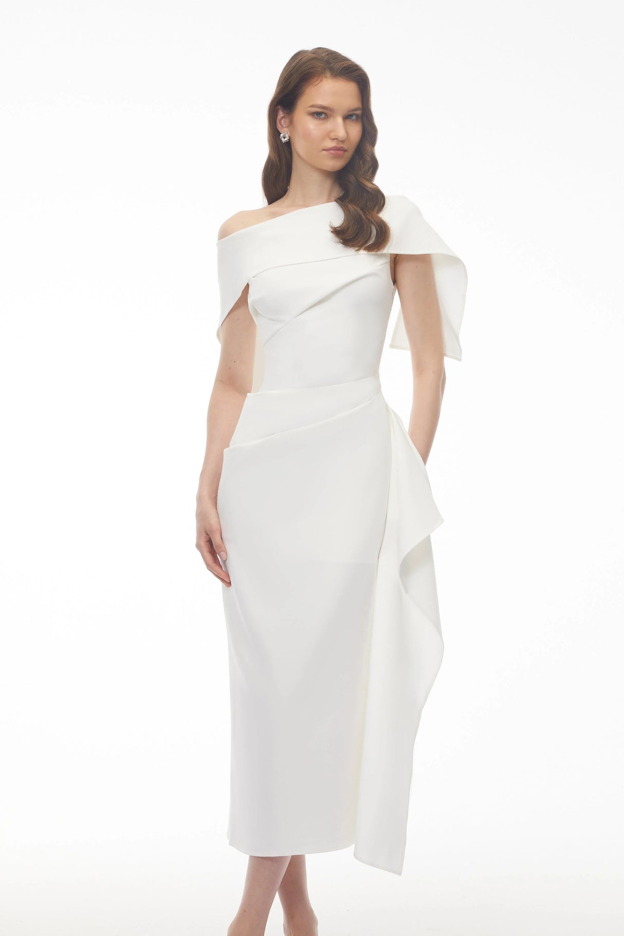 Kare White Asymmetrical Gathered Midi Dress
