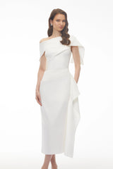 Kare White Asymmetrical Gathered Midi Dress