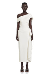 Kare White Asymmetrical Gathered Midi Dress