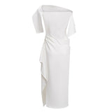 Kare White Asymmetrical Gathered Midi Dress