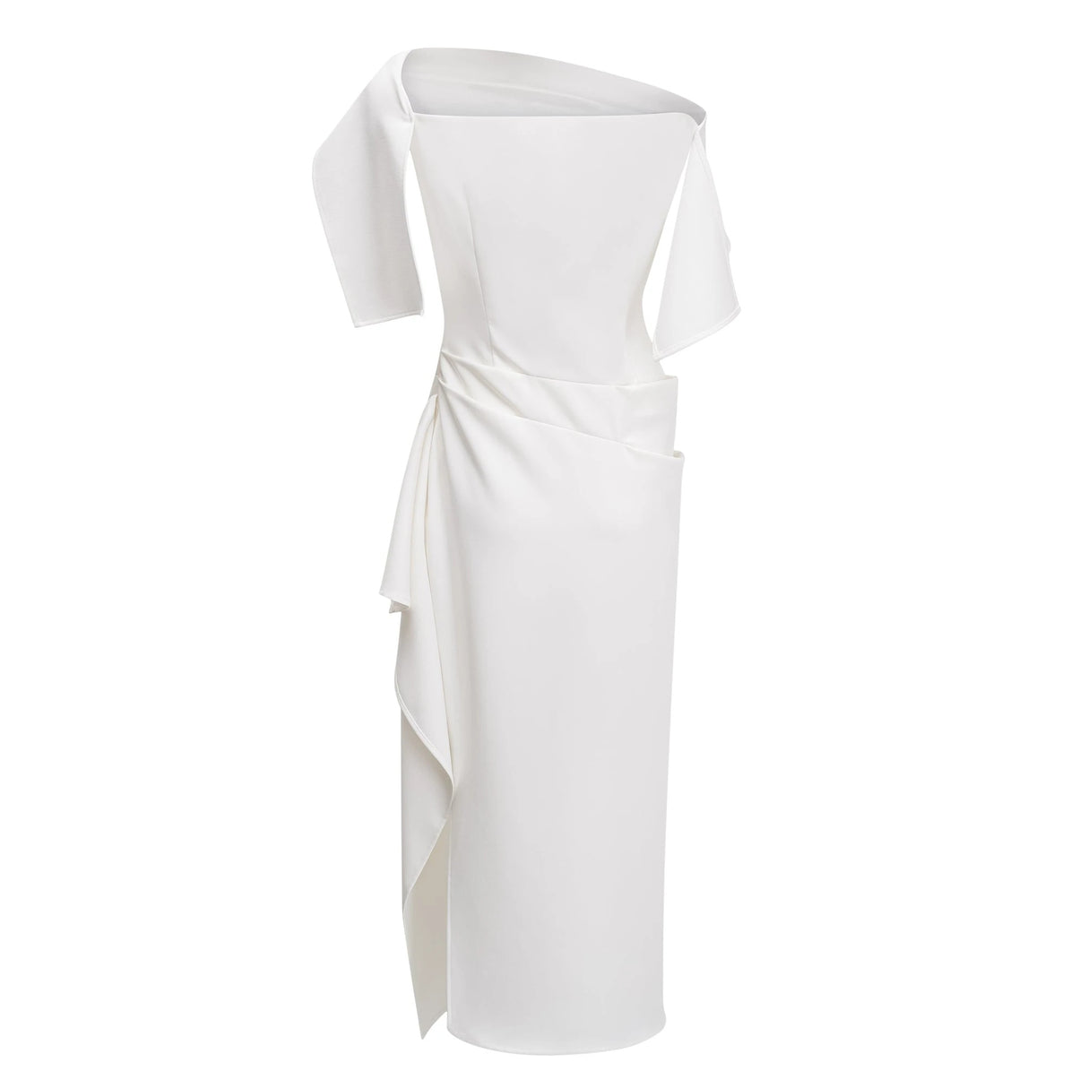 Kare White Asymmetrical Gathered Midi Dress