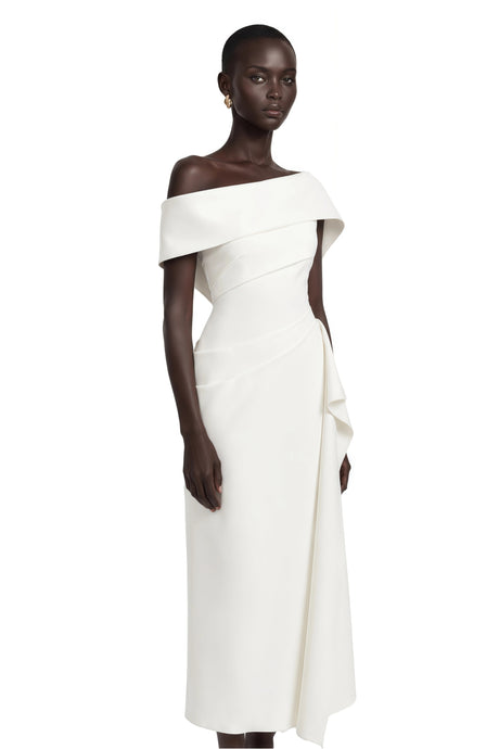 Benedetta Midi Dress White Asymmetrical Gathered