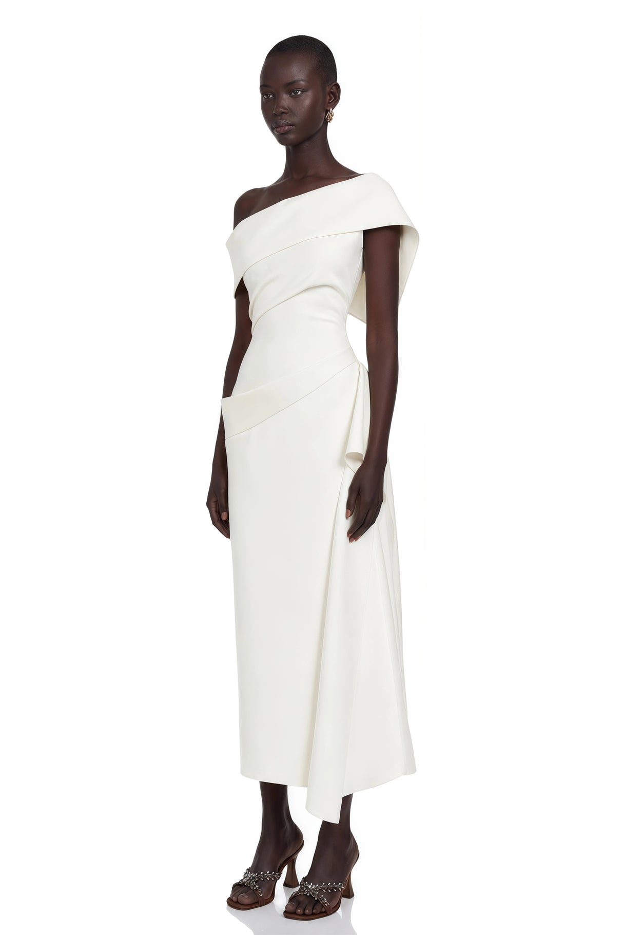 Kare White Asymmetrical Gathered Midi Dress