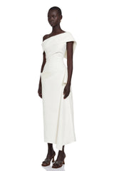 Kare White Asymmetrical Gathered Midi Dress