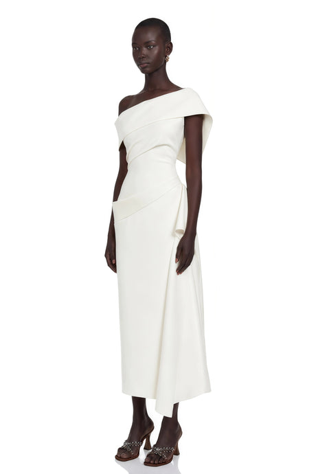 Benedetta Midi Dress White Asymmetrical Gathered
