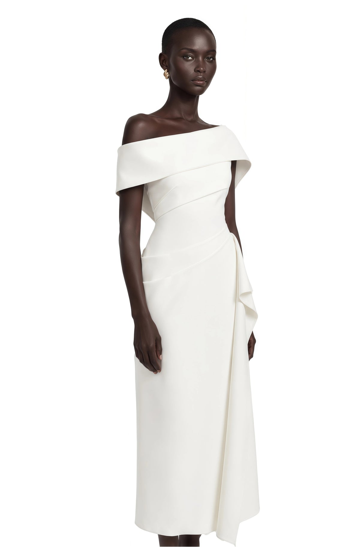 Kare White Asymmetrical Gathered Midi Dress