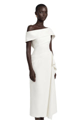 Kare White Asymmetrical Gathered Midi Dress
