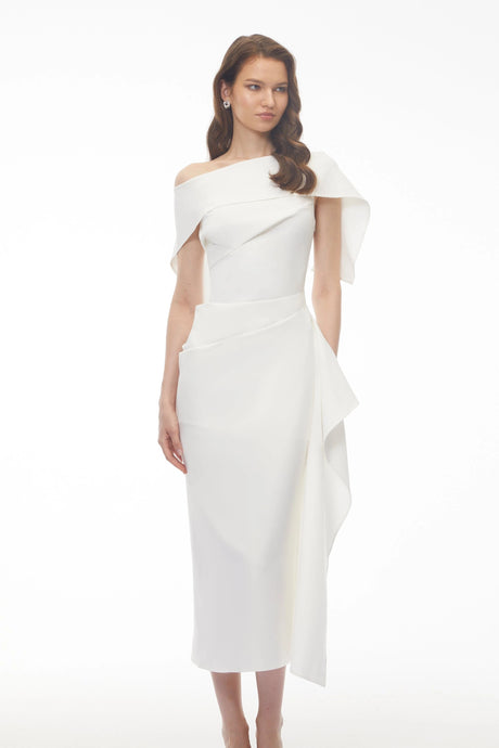 Rose Midi Dress White Asymmetrical Gathered