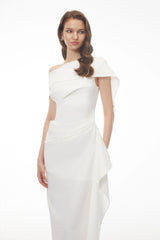 Kare White Asymmetrical Gathered Midi Dress