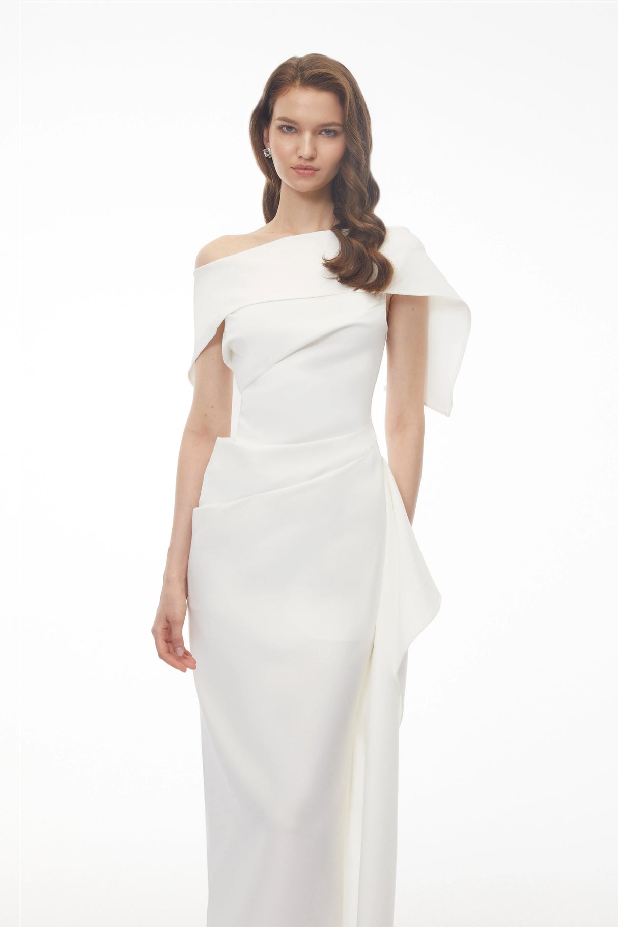 Kare White Asymmetrical Gathered Midi Dress