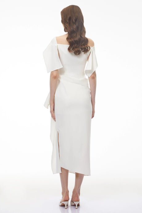 Rose Midi Dress White Asymmetrical Gathered