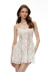 Karelle Neutral Floral Lace Mini Dress