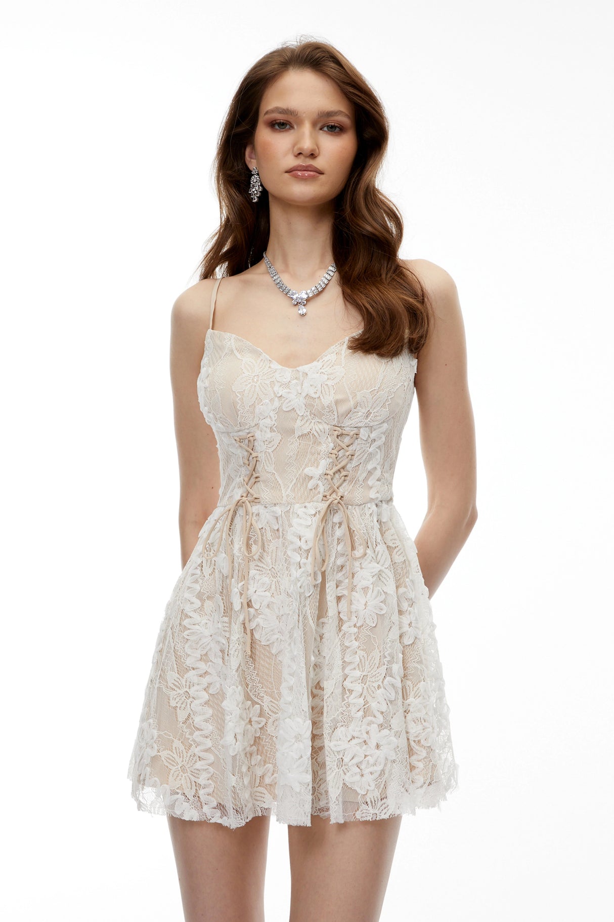 Karelle Neutral Floral Lace Mini Dress