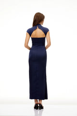 Karine Navy Blue Satin Pencil Maxi Dress