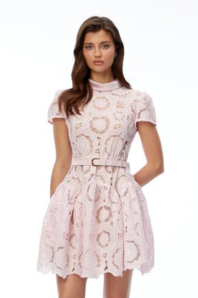 Karma Pink Round Neck Lace Ruffled Mini Dress