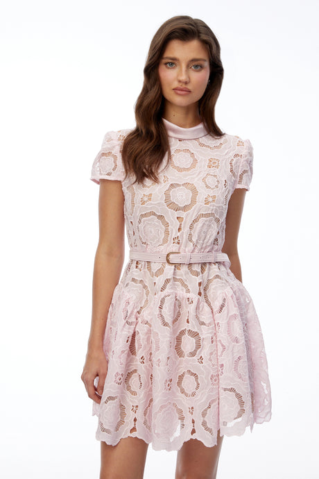 Claire Mini Dress Pink Round Neck Lace Ruffled