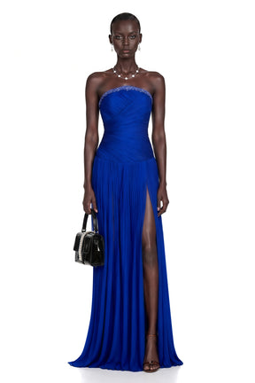 Kassandra Blue Rhinestone Pleated Maxi Dress