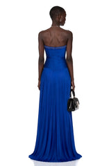 Kassandra Blue Rhinestone Pleated Maxi Dress