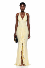 Katarina Butter Yellow Halterneck Ruched Maxi Dress