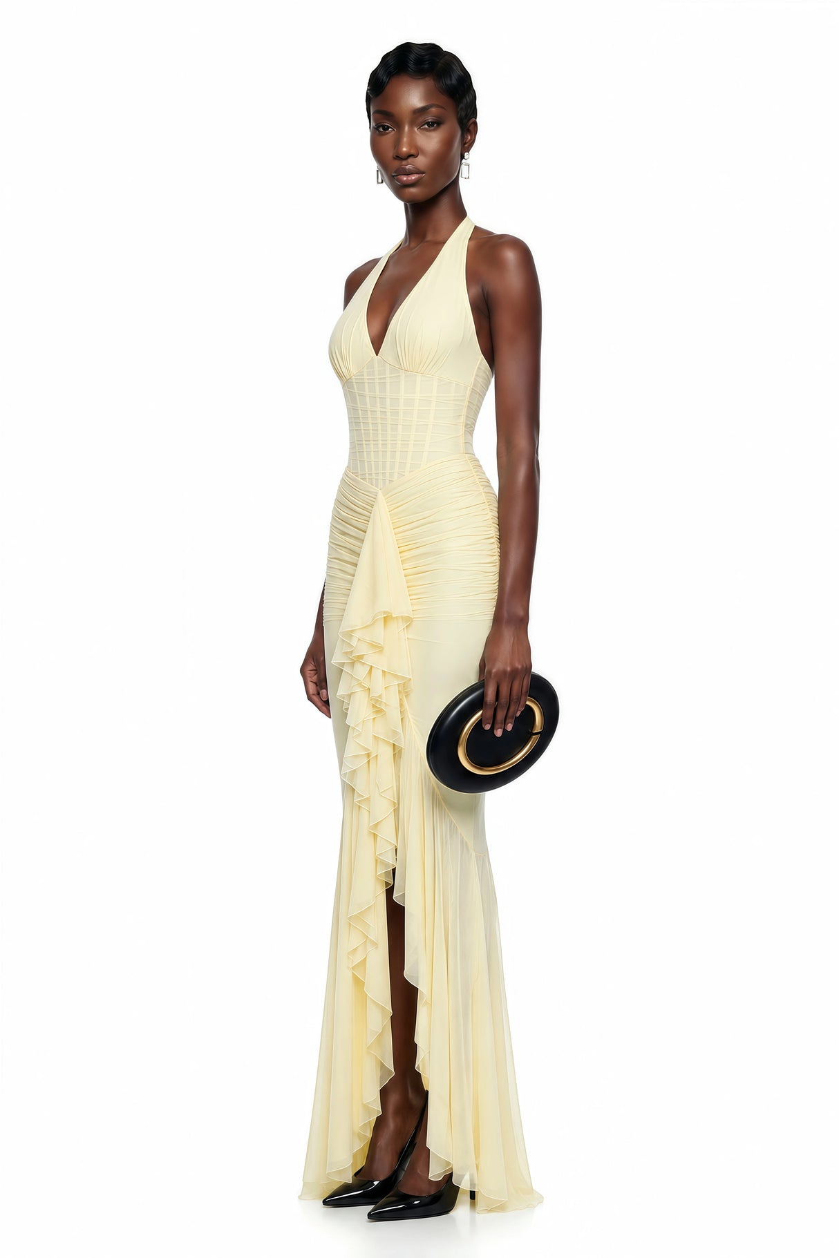 Katarina Butter Yellow Halterneck Ruched Maxi Dress