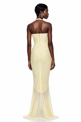 Katarina Butter Yellow Halterneck Ruched Maxi Dress
