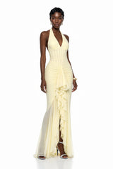 Katarina Butter Yellow Halterneck Ruched Maxi Dress