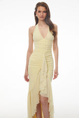 Katarina Butter Yellow Halterneck Ruched Maxi Dress