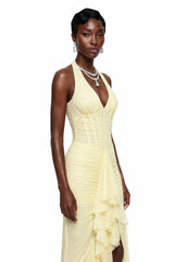 Katarina Butter Yellow Halterneck Ruched Maxi Dress