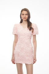 Katarina Pink Puff Sleeve VNeck Mini Dress with 3D Florals