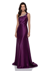 Katayoun Purple Embellished One Shoulder Satin Maxi Dress