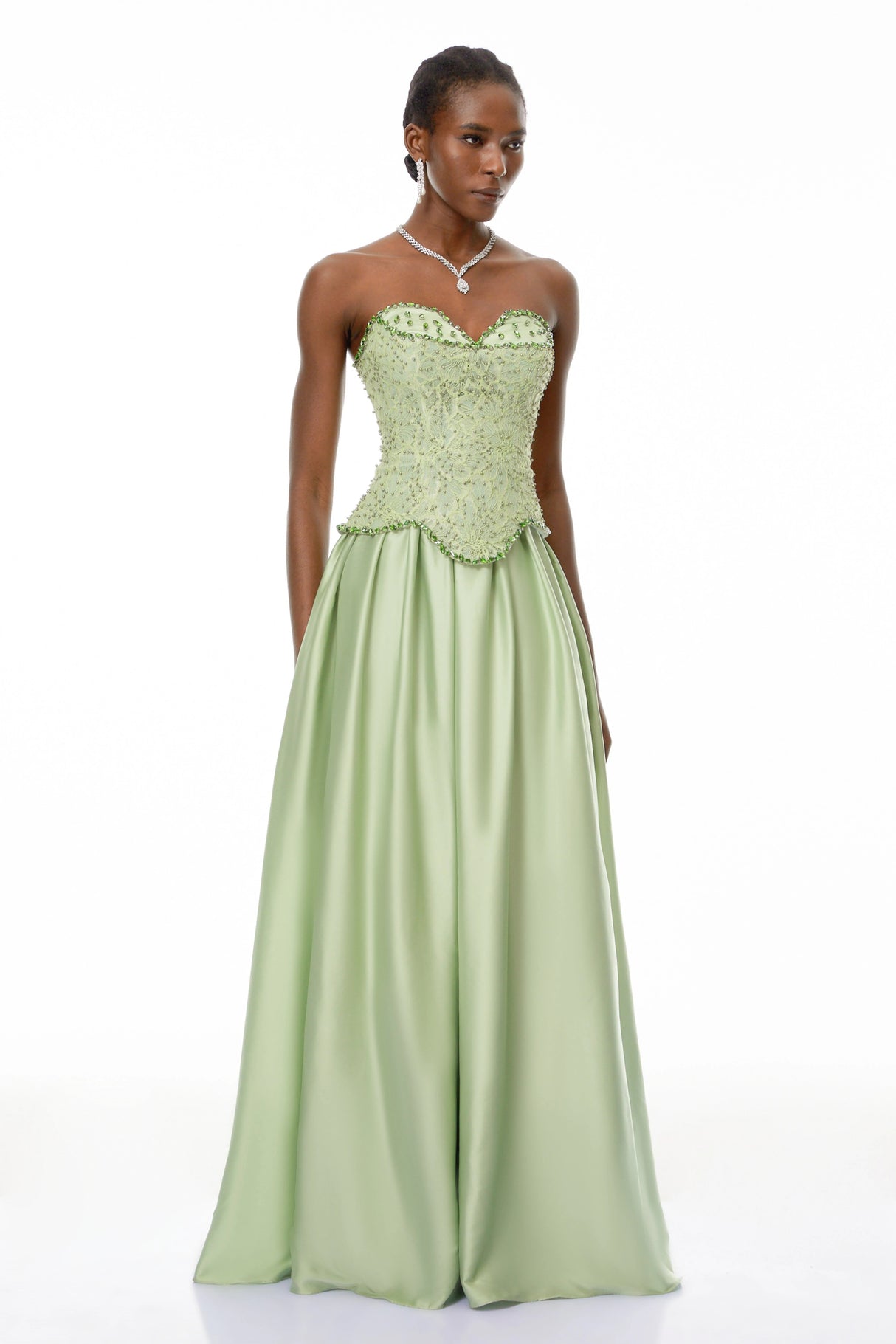 Kathrin Green Embellished Satin Panel Maxi Dress