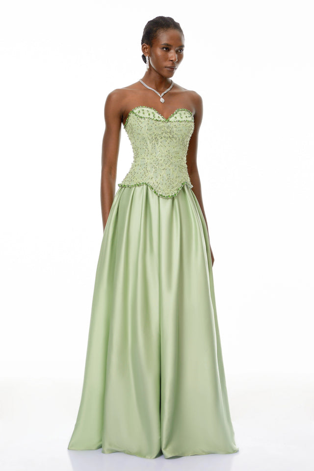 Kathrin Green Embellished Satin Panel Maxi Dress
