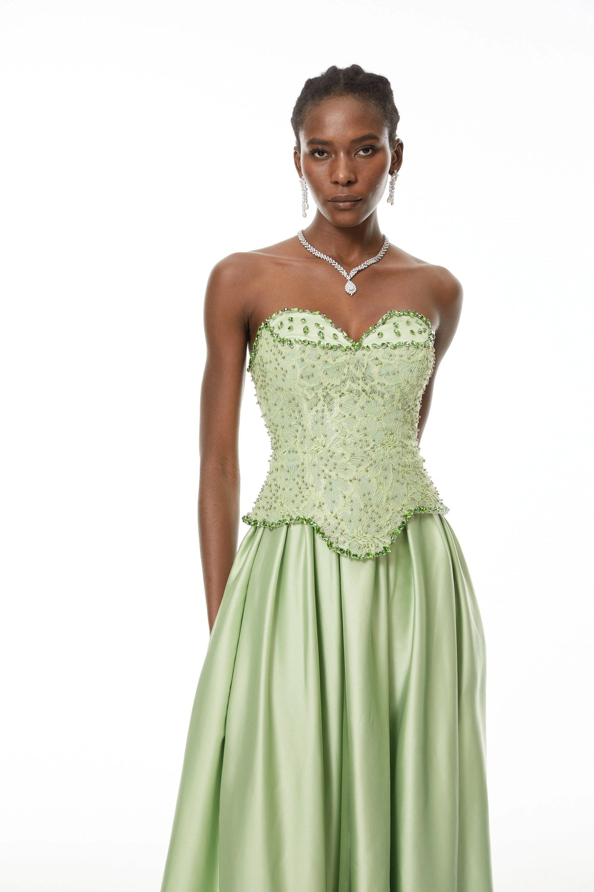 Kathrin Green Embellished Satin Panel Maxi Dress