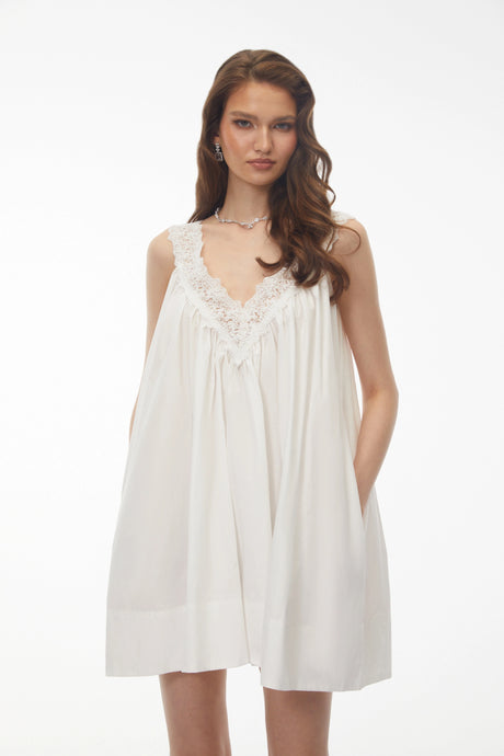 Donatella Mini Dress White Ruched with Lace Trim