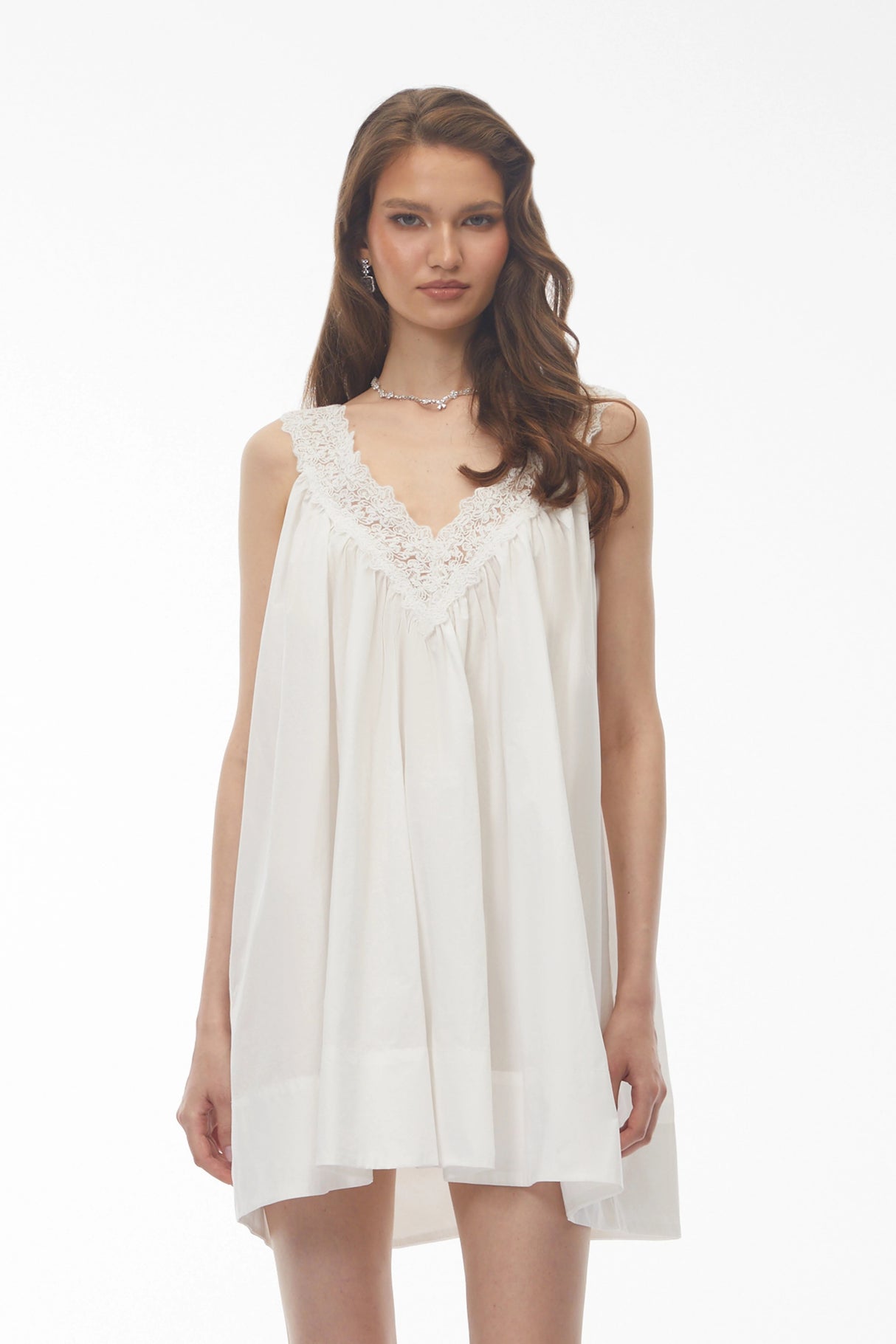 Kátia White Ruched Mini Dress with Lace Trim