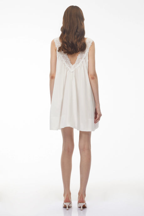 Donatella Mini Dress White Ruched with Lace Trim