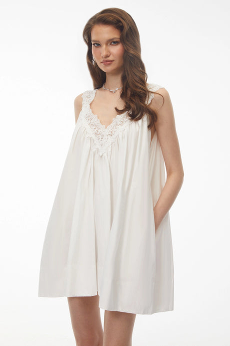 Donatella Mini Dress White Ruched with Lace Trim