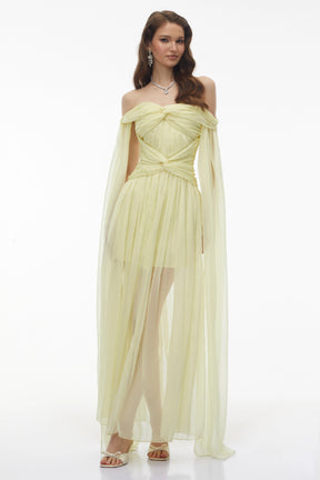 Katie Yellow Off Shoulder Ruched Twist Maxi Dress