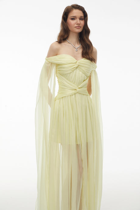 Sibilla Maxi Dress Yellow Off Shoulder Ruched Twist