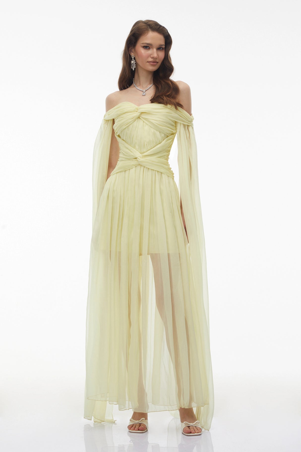 Katie Yellow Off Shoulder Ruched Twist Maxi Dress
