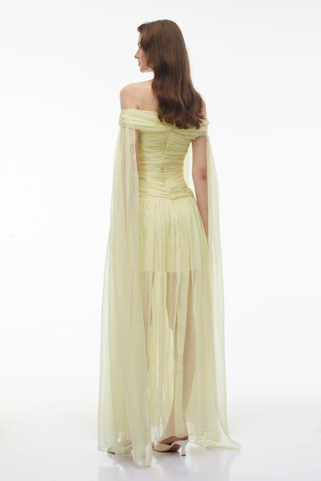 Sibilla Maxi Dress Yellow Off Shoulder Ruched Twist