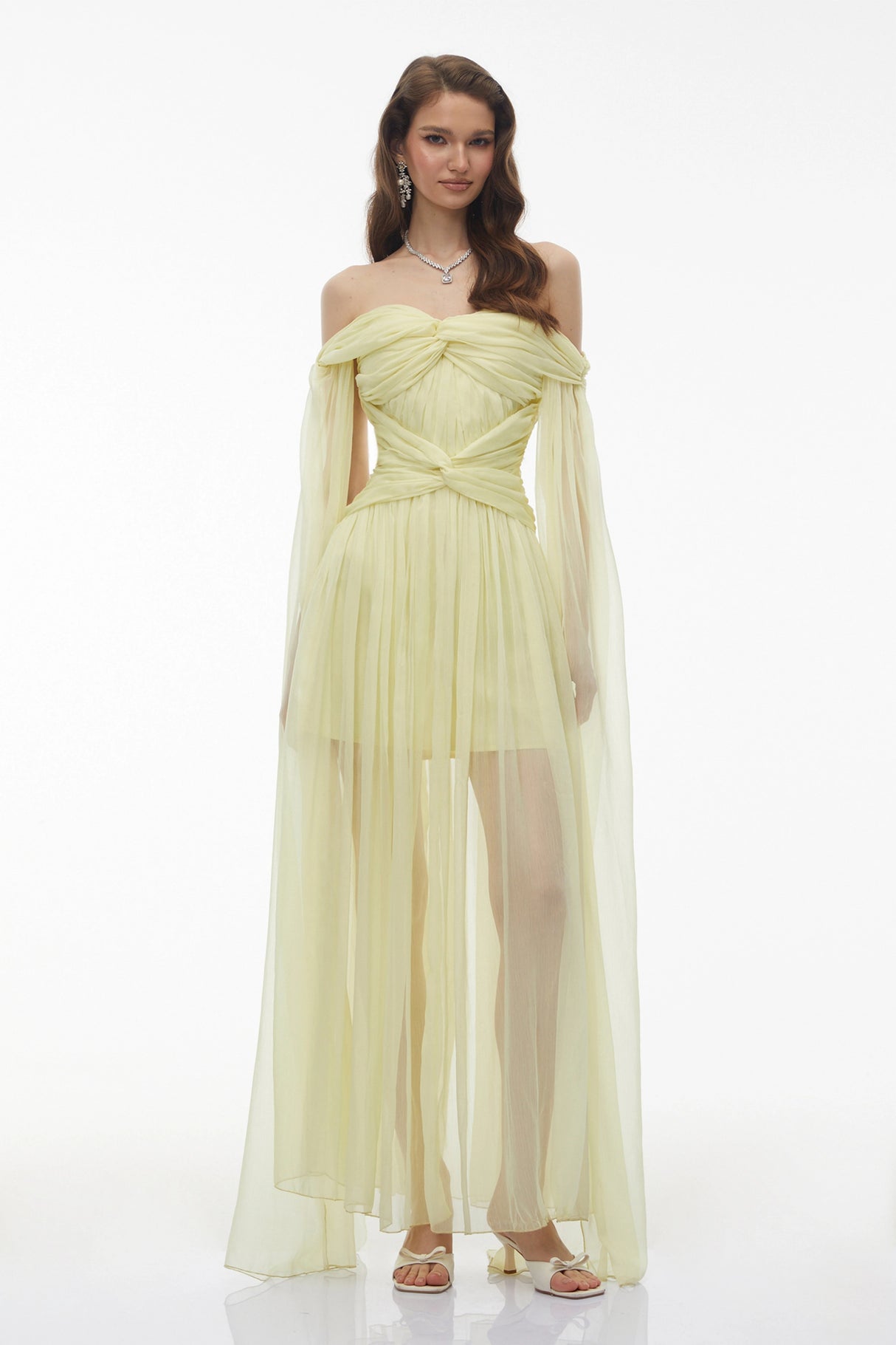 Katie Yellow Off Shoulder Ruched Twist Maxi Dress