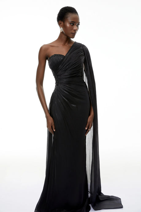 Elettra Maxi Dress Black One Shoulder Ruched