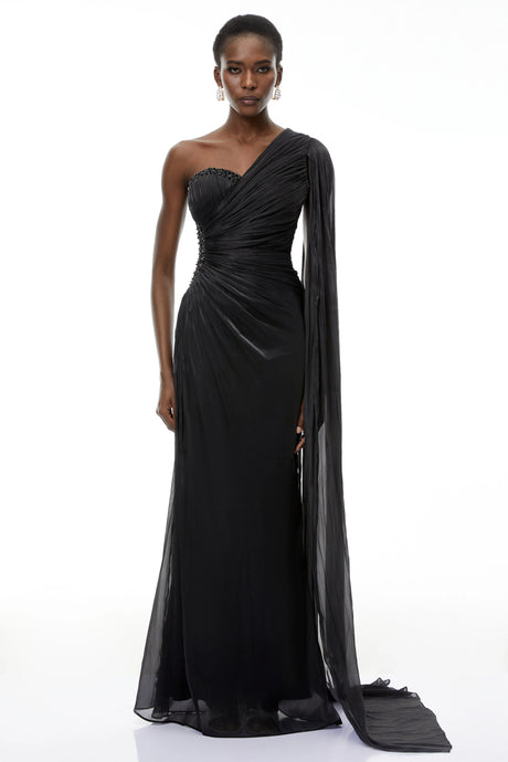 Elettra Maxi Dress Black One Shoulder Ruched