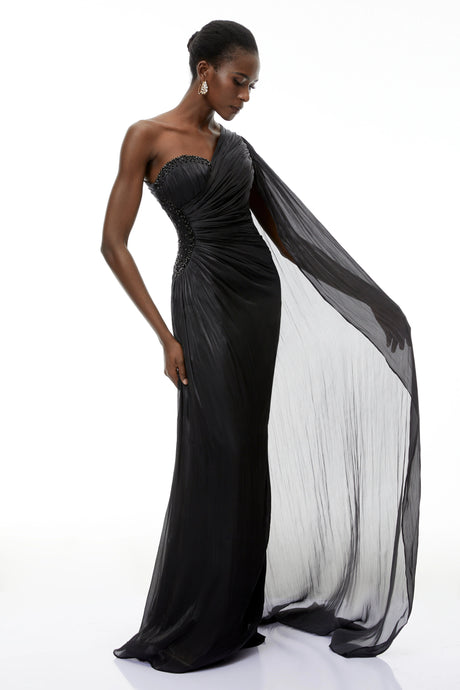 Elettra Maxi Dress Black One Shoulder Ruched