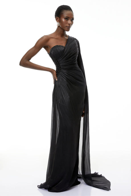 Elettra Maxi Dress Black One Shoulder Ruched